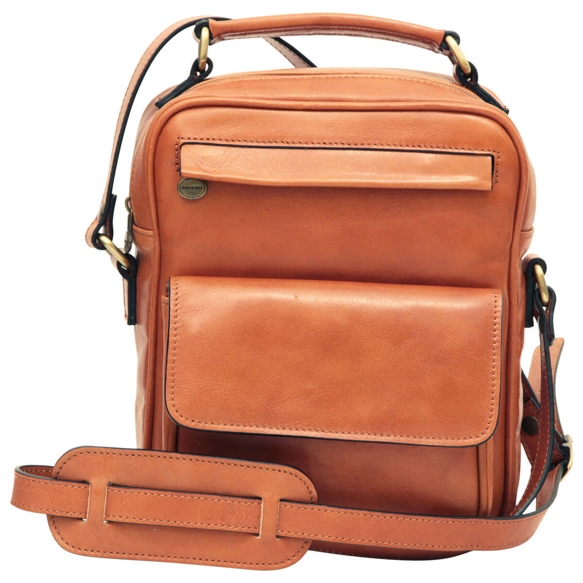 Borsa a tracolla in pelle marrone con tasca frontale e tracolla regolabile.