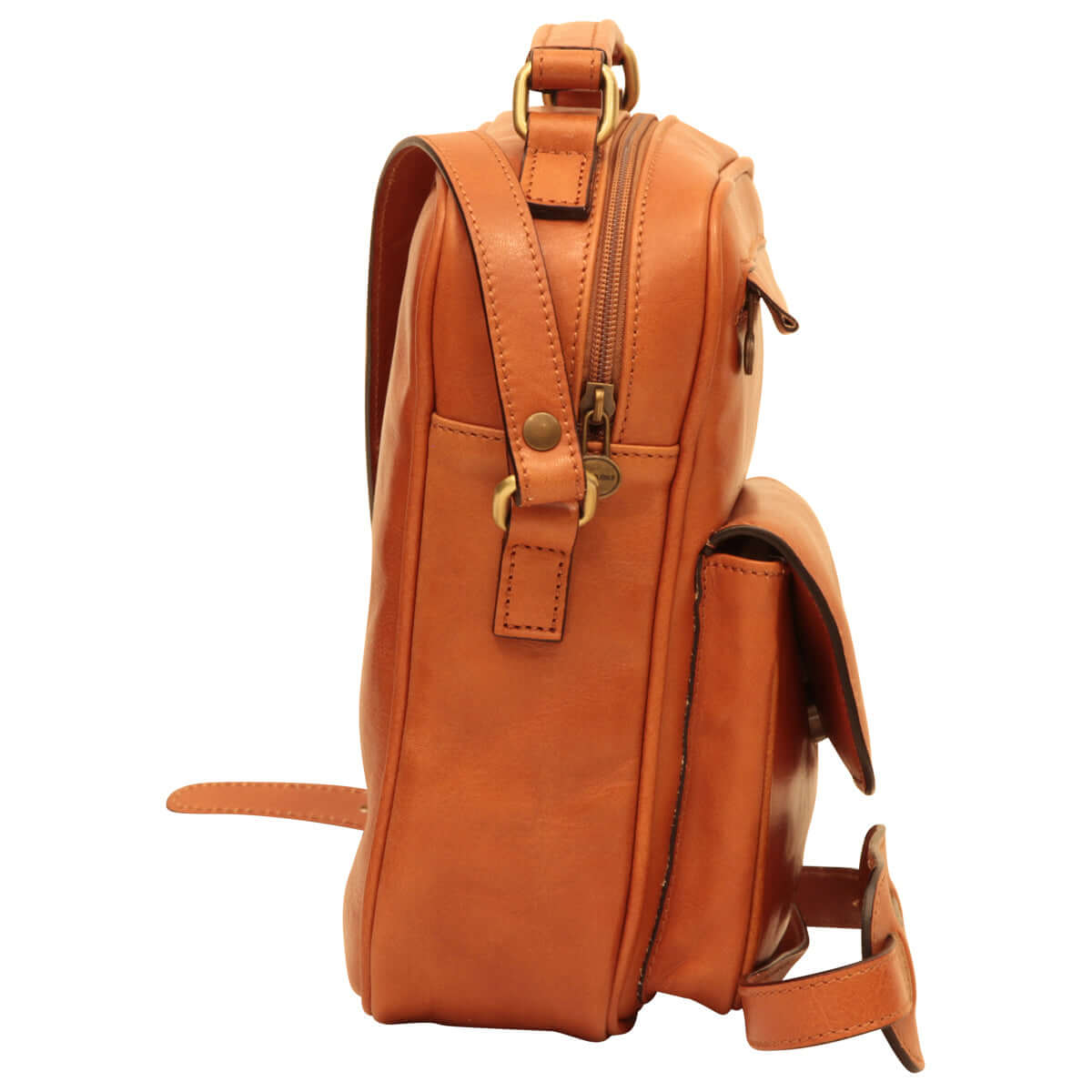 Borsa a tracolla in pelle marrone vista laterale con tasca anteriore e tracolla regolabile.