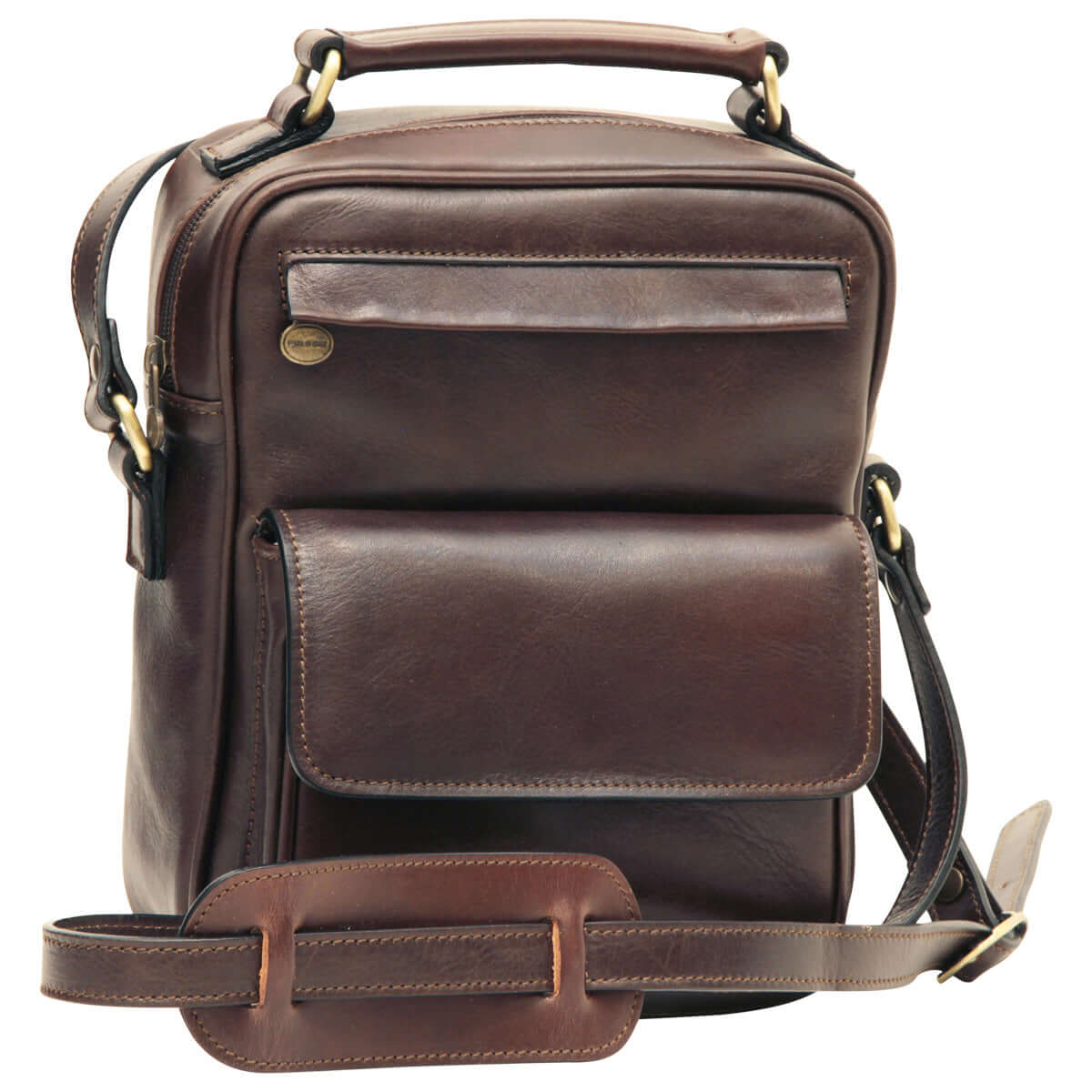 Borsa a tracolla in pelle marrone scuro con tasca frontale e tracolla regolabile.