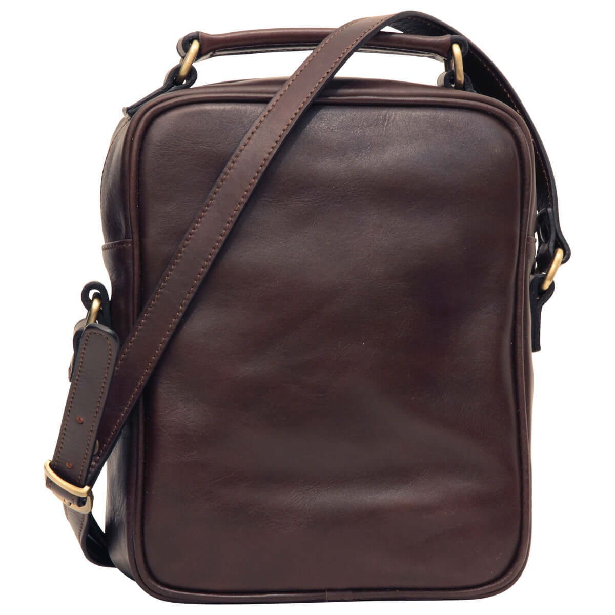 Borsa a tracolla in pelle marrone scuro con tasca frontale e tracolla regolabile, stile elegante e pratico.