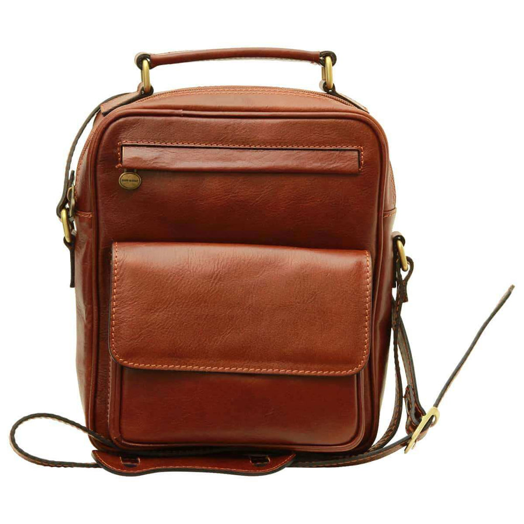 Borsa a tracolla in pelle con tasca frontale, colore marrone con tracolla regolabile e tasche esterne e interne.