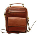 Borsa a tracolla in pelle con tasca frontale, colore marrone con tracolla regolabile e tasche esterne e interne.
