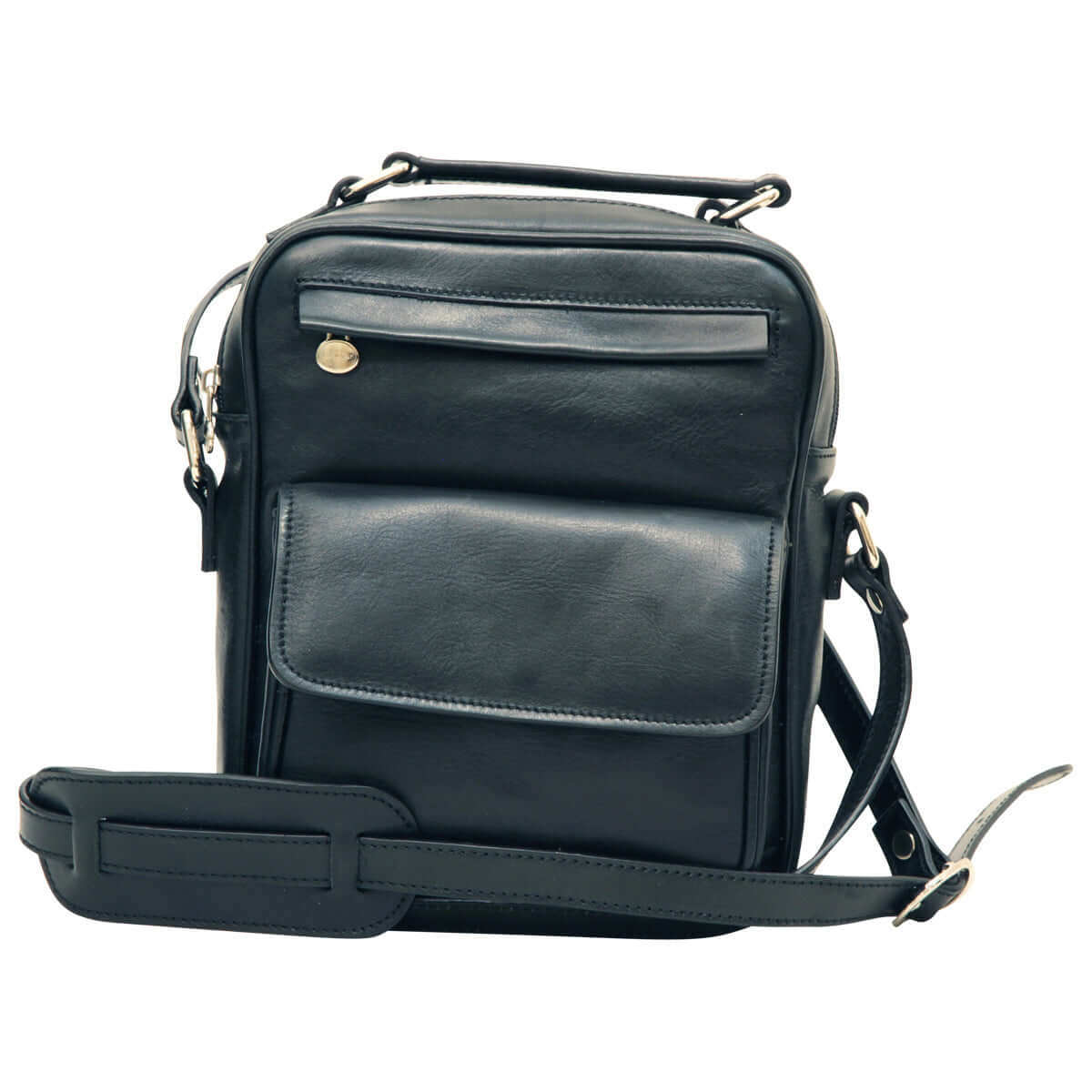 Borsa a tracolla in pelle con tasca frontale. Nero. Design elegante e pratico con tasche multiple.