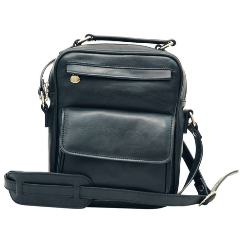 Borsa a tracolla in pelle con tasca frontale. Nero. Design elegante e pratico con tasche multiple.