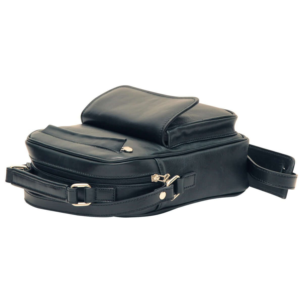 Borsa a tracolla in pelle con tasca frontale, nero, con chiusura a calamita e tracolla regolabile.