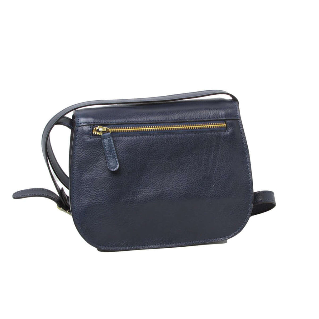Borsa tracolla pelle vitello blu con chiusura zip e tracolla regolabile, elegante e funzionale.