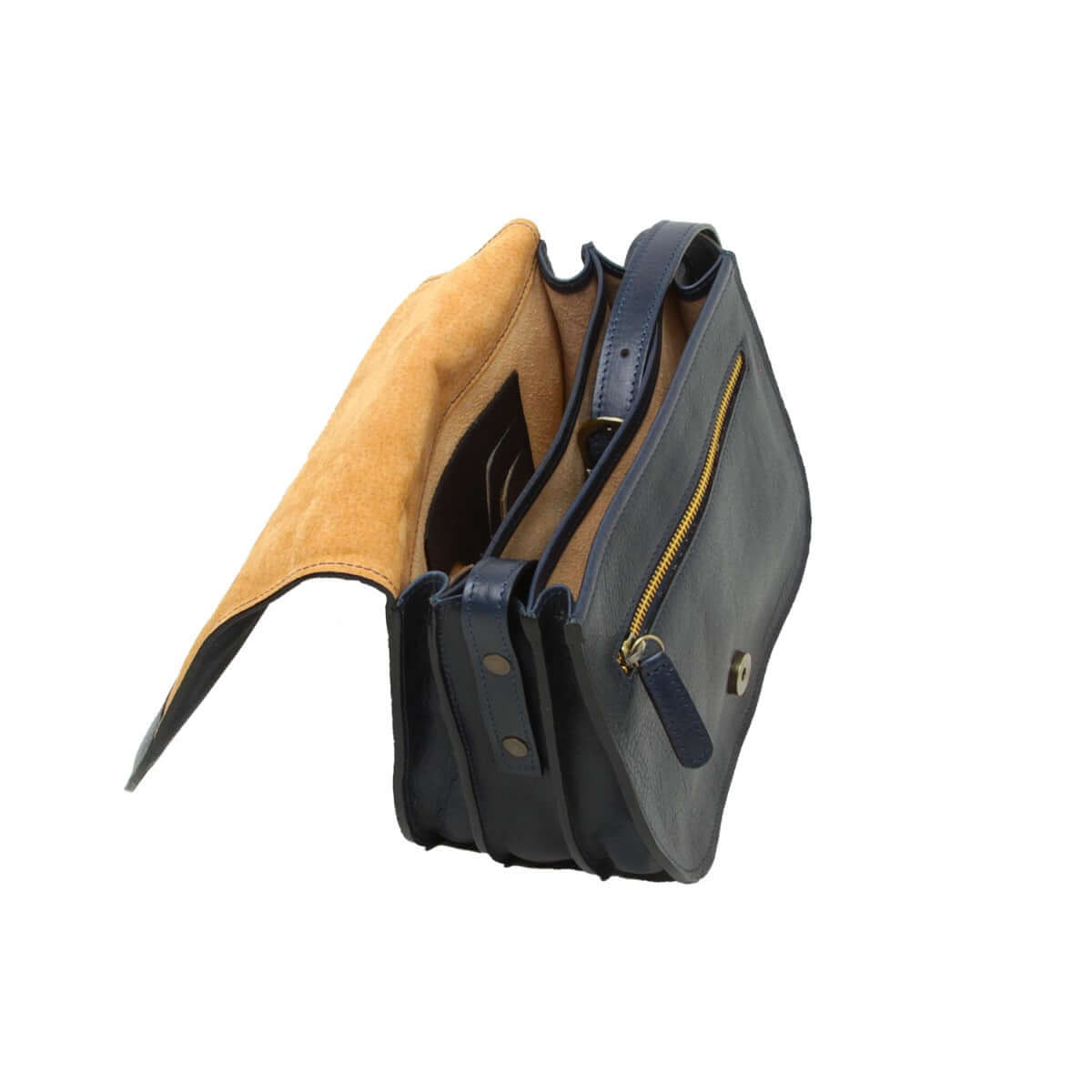 Interno della borsa tracolla pelle vitello blu con scomparti e zip