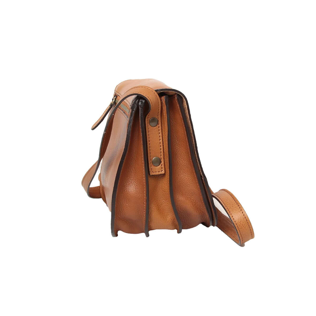 Borsa tracolla pelle vitello pieno fiore vista laterale con dettagli in cuoio.