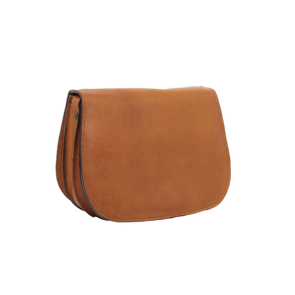 Borsa tracolla pelle vitello pieno fiore di colore cuoio, elegante e pratico accessorio da donna.