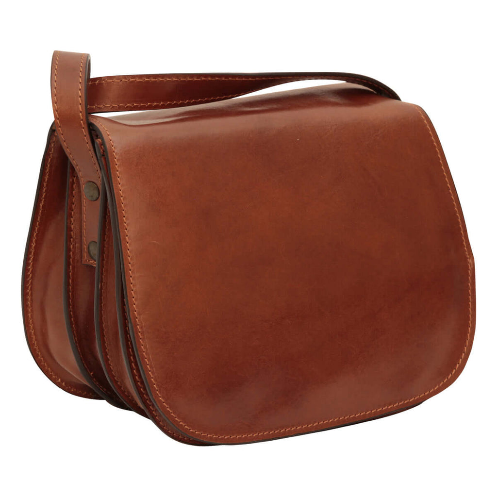 Borsa tracolla pelle vitello marrone in pelle pieno fiore, elegante e pratica, con tracolla regolabile.