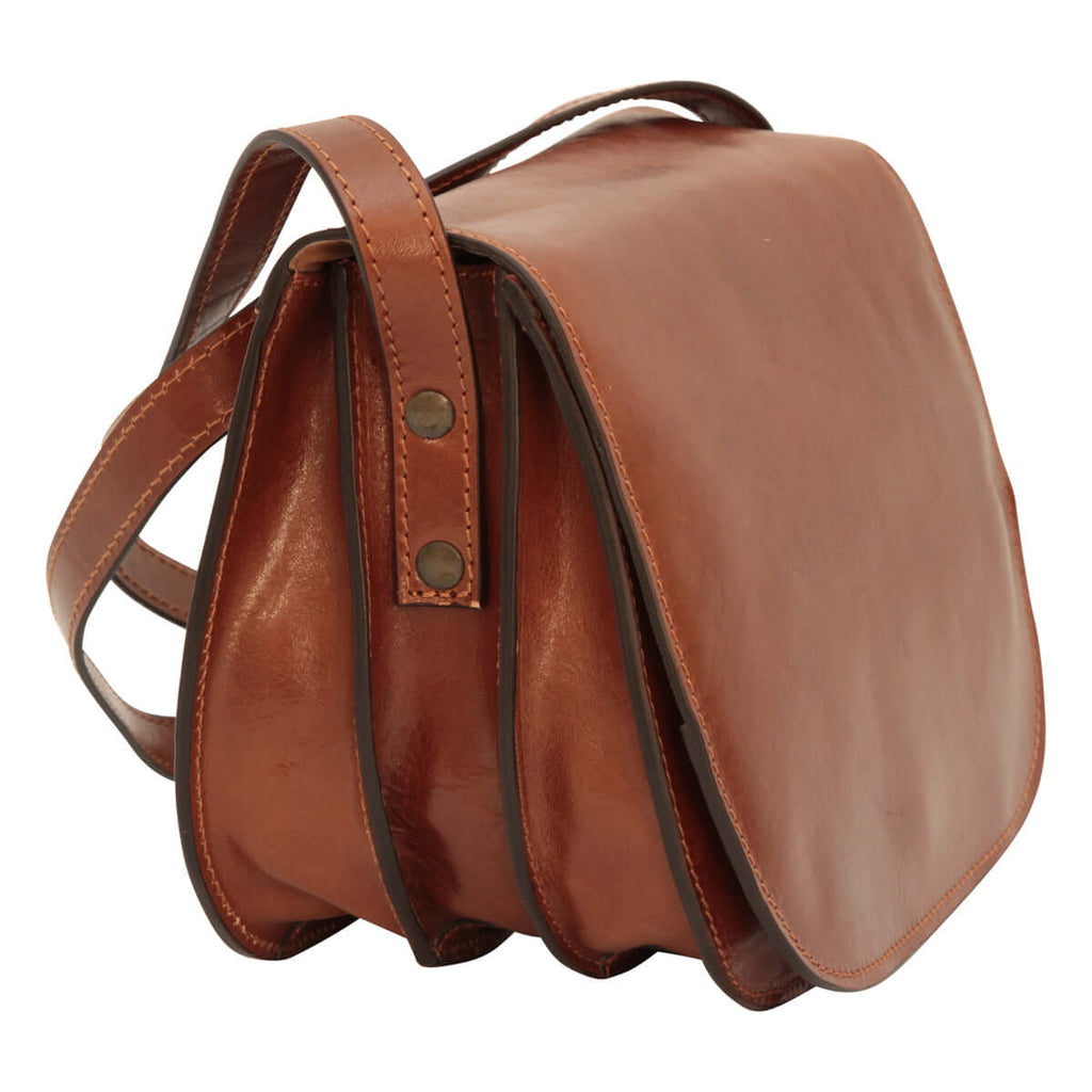 Borsa tracolla pelle vitello marrone con tre scomparti e tracolla regolabile.