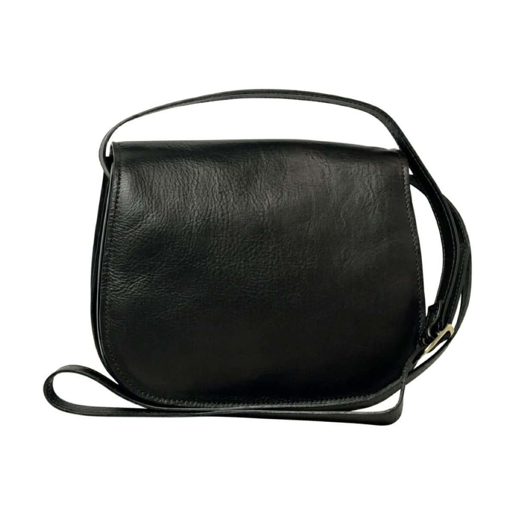 Borsa a tracolla donna pelle vitello nero in pelle di vitello pieno fiore, design elegante e pratico.