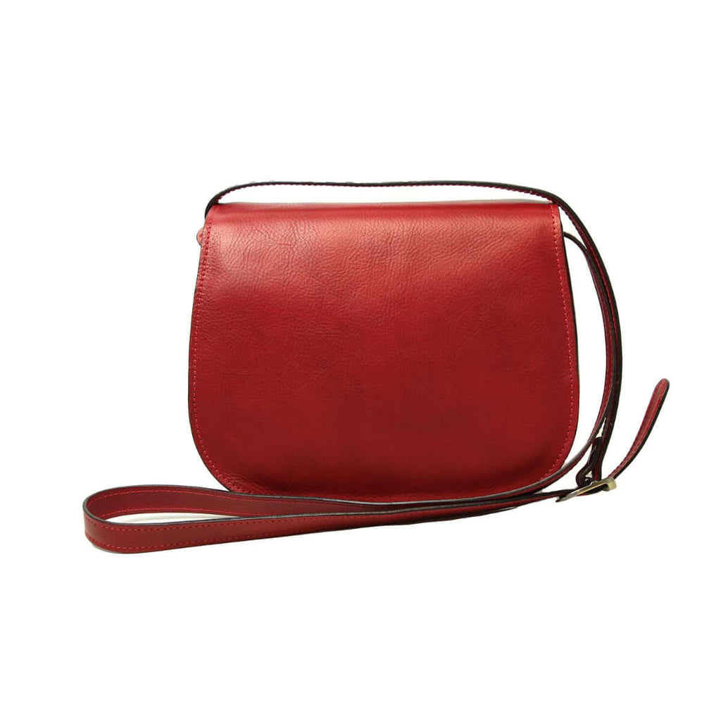 Borsa a tracolla in pelle di vitello rosso con tracolla regolabile e design elegante.