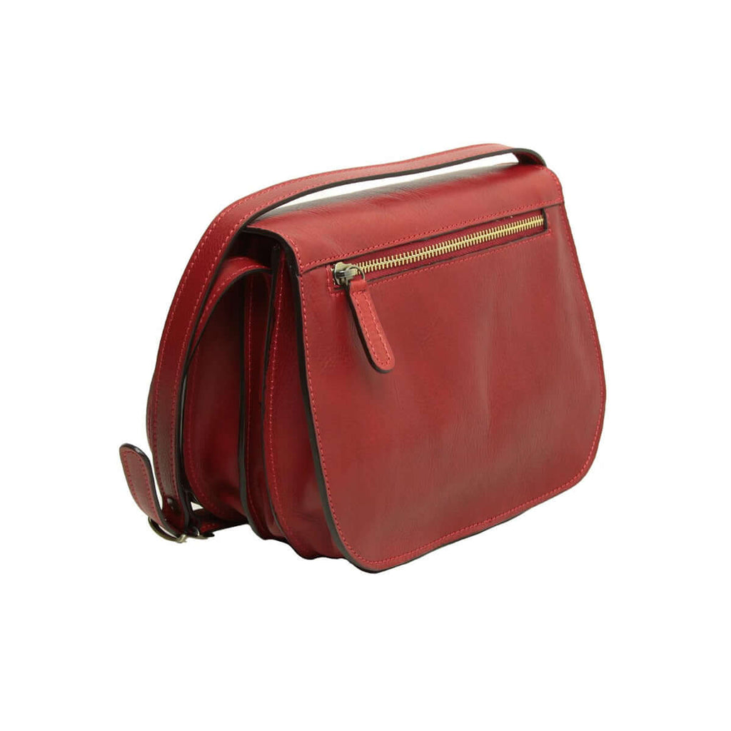 Borsa a tracolla in pelle di vitello rosso, elegante e pratica con scomparti e tracolle rimovibili.
