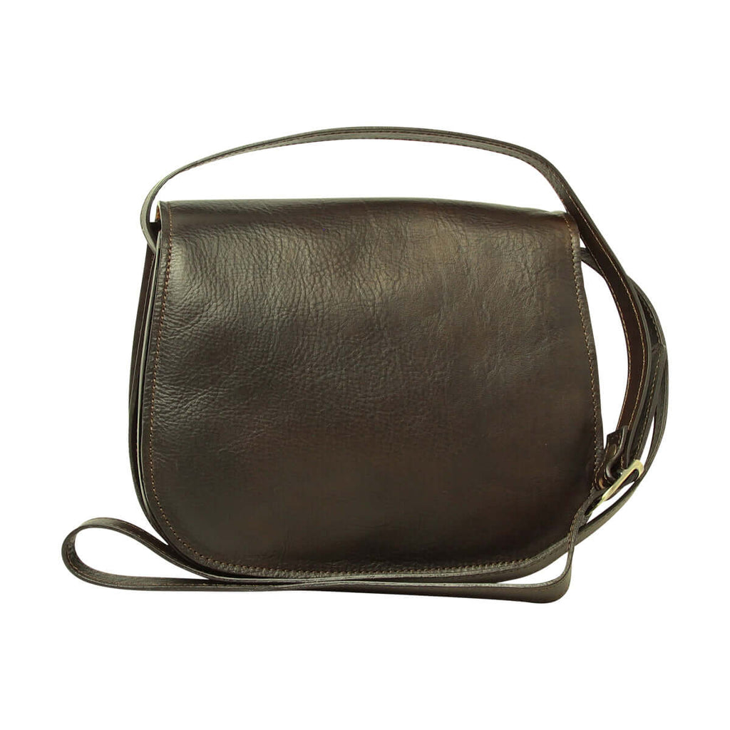 Borsa a tracolla pelle vitello pieno fiore color testa moro, elegante e funzionale, con tracolla regolabile.