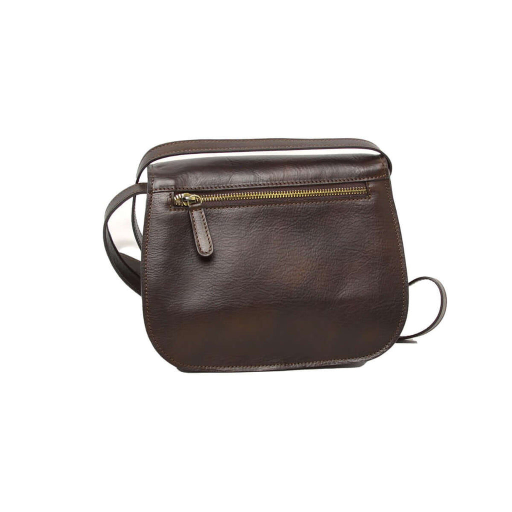 Borsa a tracolla pelle vitello pieno fiore color testa moro con zip e tracolla regolabile.