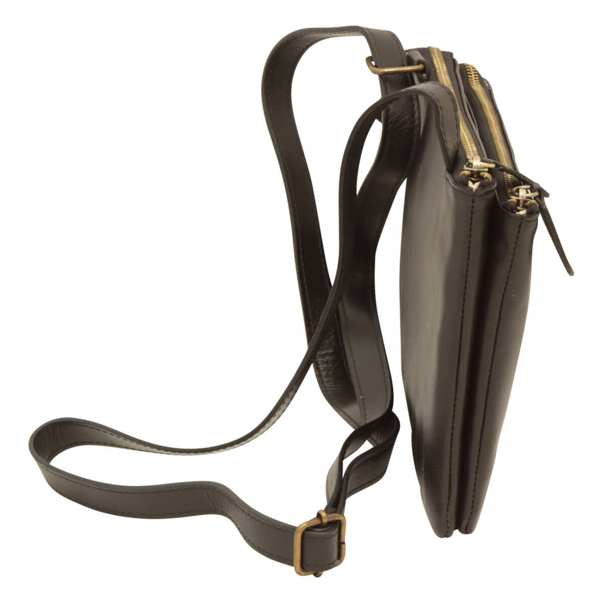 Borsa a tracolla in vitello pieno fiore nera con cinturino regolabile e doppia zip per un accesso facile e veloce.