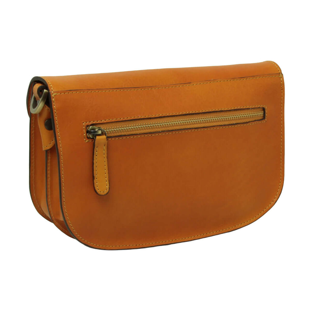 Borsa a tracolla vitello pieno fiore giallo ocra con tasca esterna e tracolle removibili.