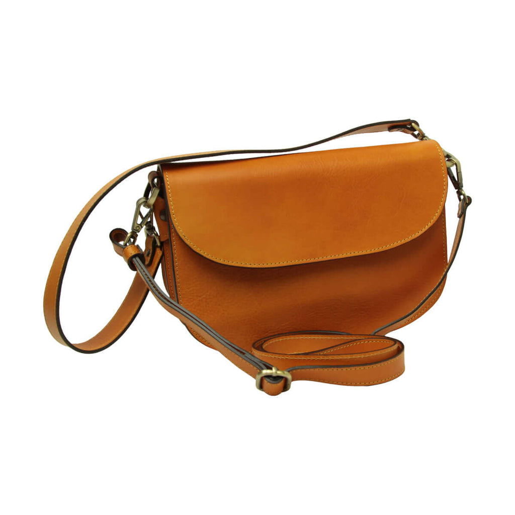Borsa a tracolla vitello pieno fiore giallo ocra in pelle con tracolla regolabile e tasca esterna.