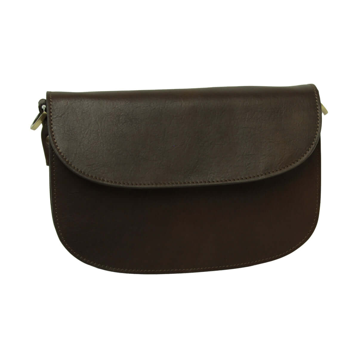 Borsa a tracolla in vitello marrone scuro con chiusura a pattina e tracolla removibile.