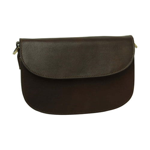Borsa a tracolla in vitello marrone scuro con chiusura a pattina e tracolla removibile.