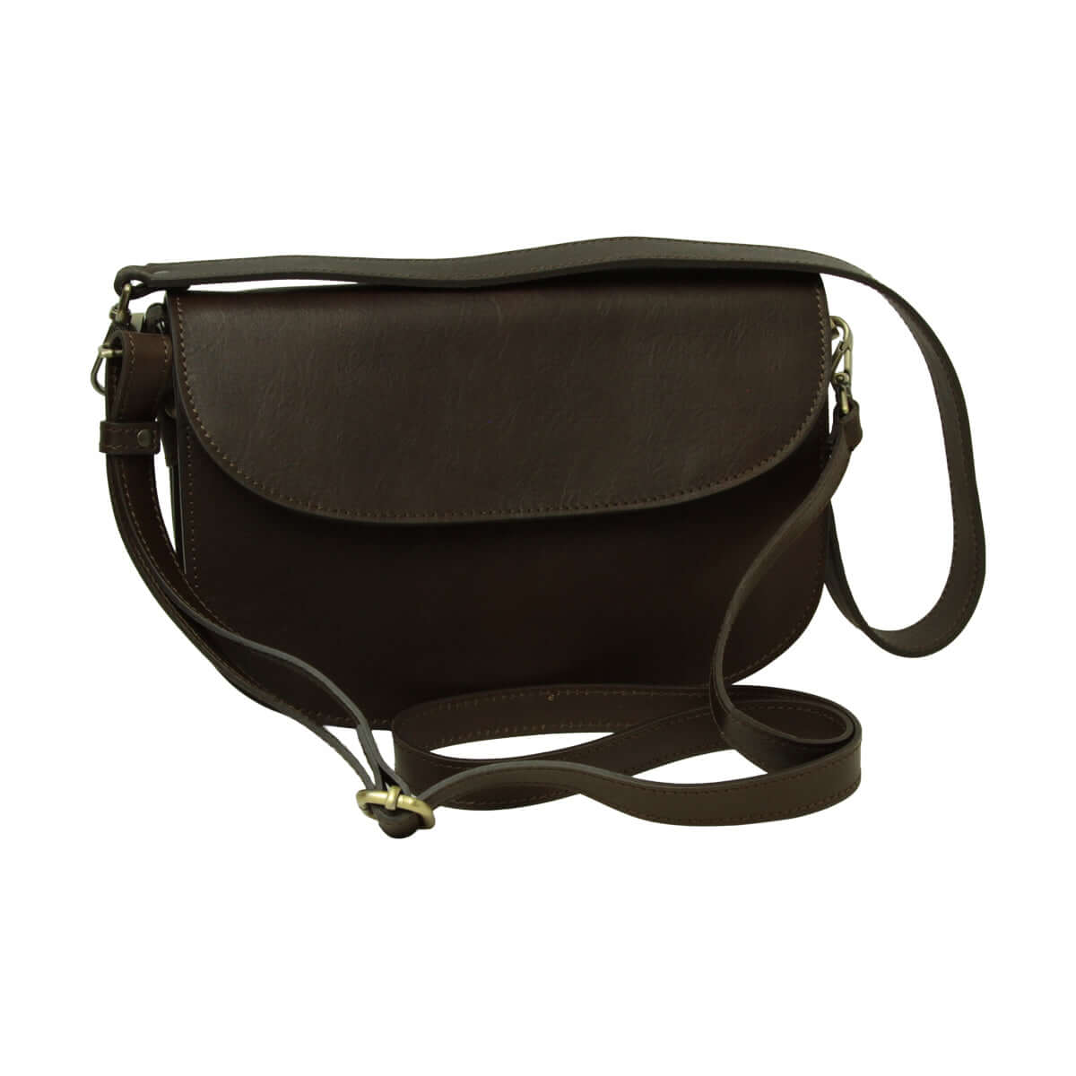 Borsa a tracolla in vitello marrone scuro con tracolla regolabile e chiusura a calamita.