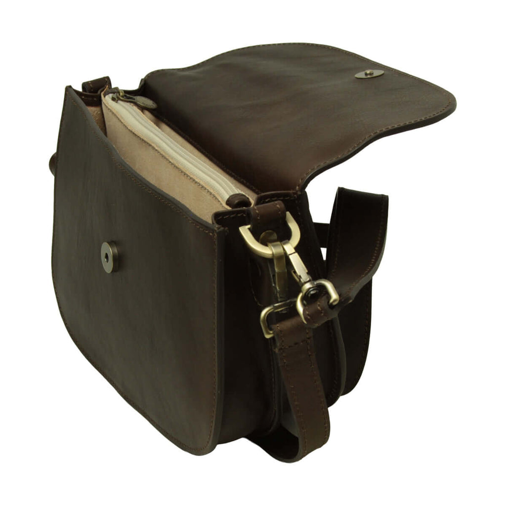 Vetrina Fiorentina -Borsa a tracolla due fianchi in vitello pieno fiore-Marrone Scuro-