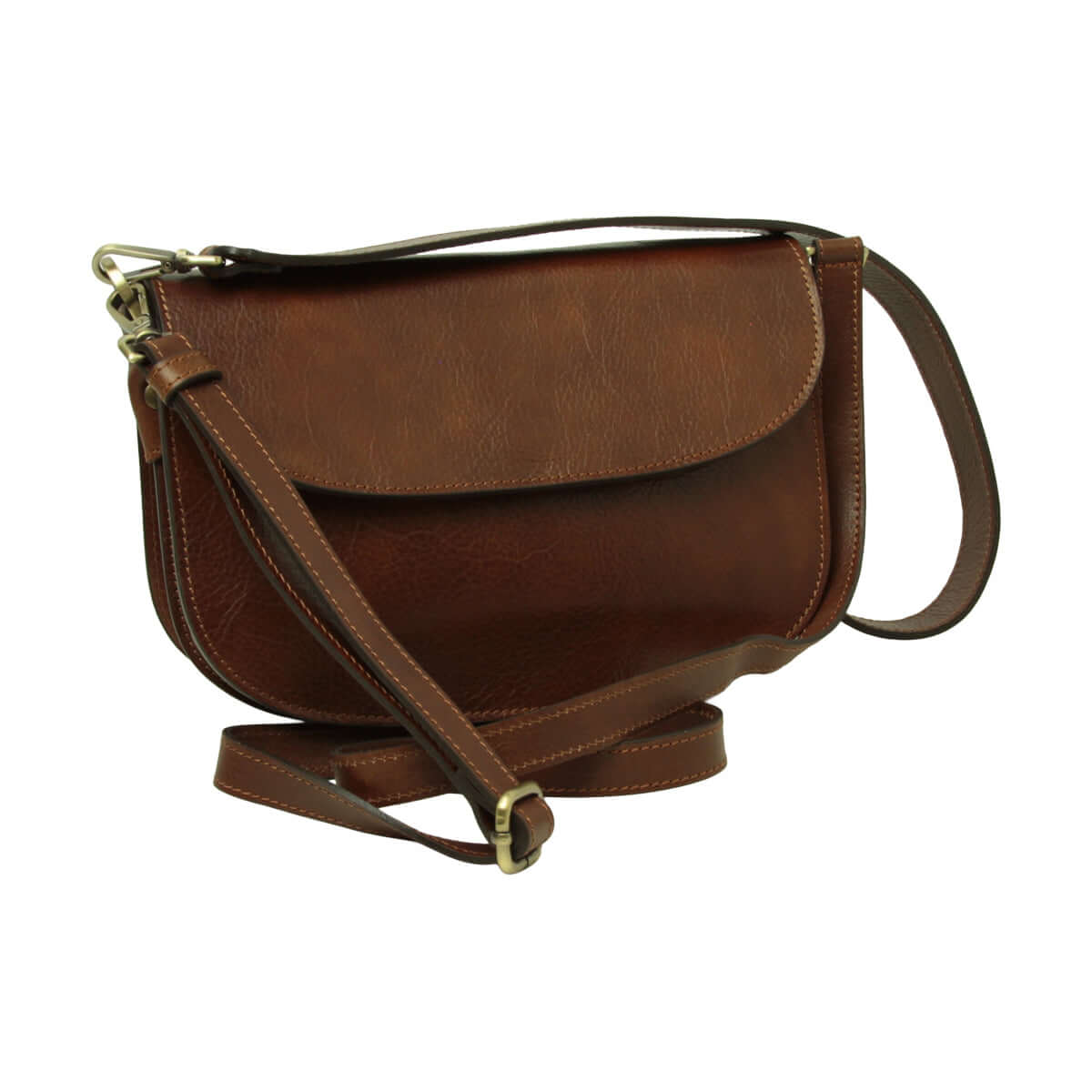 Borsa a tracolla vitello pieno fiore marrone con chiusura a calamita e tracolla removibile.