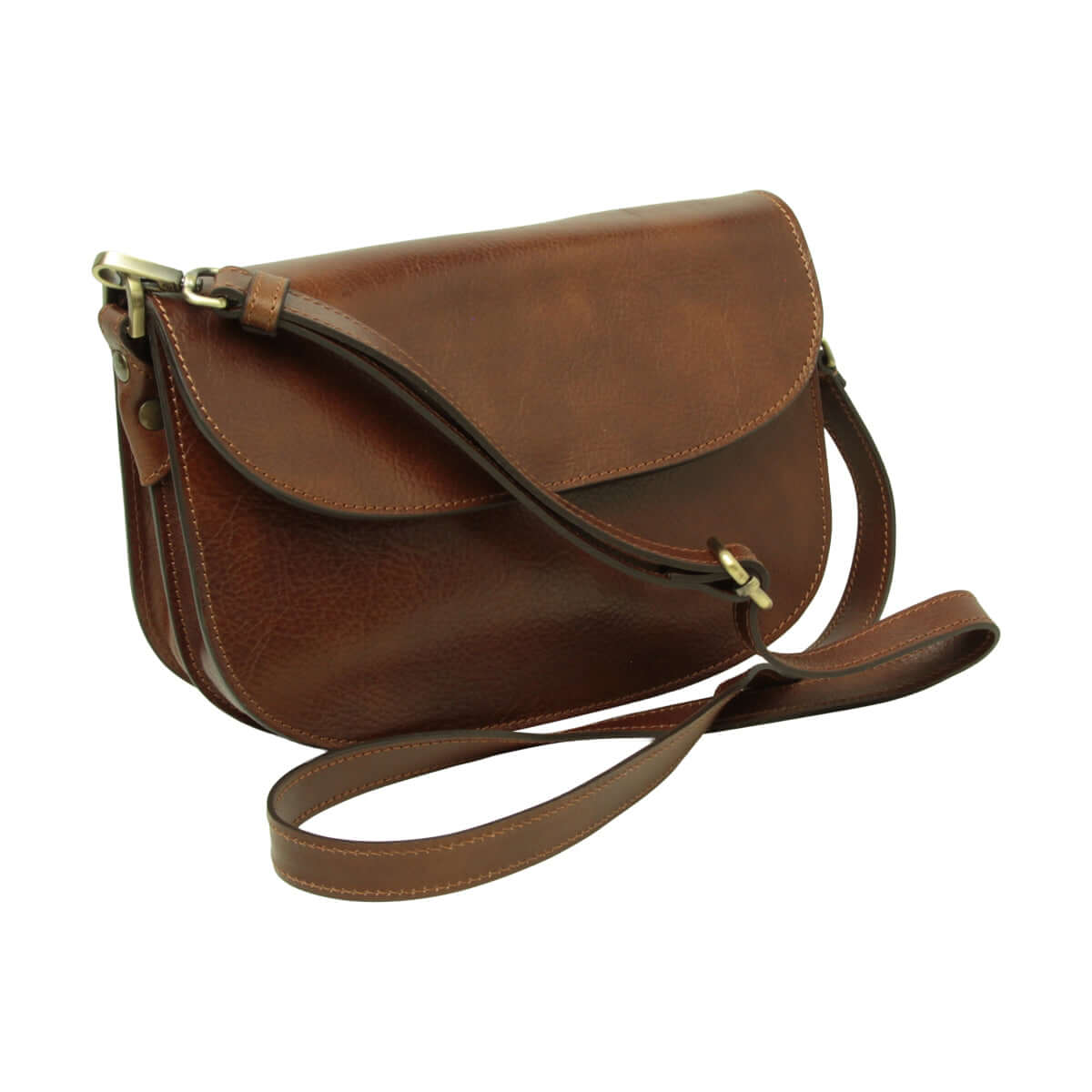 Borsa a tracolla vitello pieno fiore marrone con chiusura a calamita e due tracolle in pelle removibili.