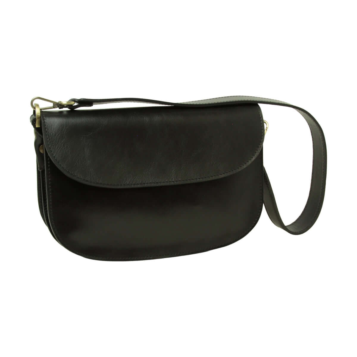 Borsa a tracolla nera con tracolla regolabile e patta superiore.