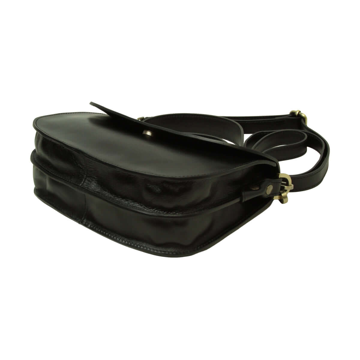Borsa a tracolla nera con base sagomata e tracolla con fibbia.