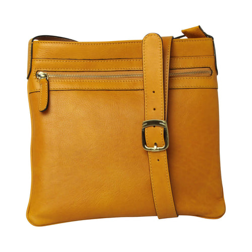 Borsa a tracolla giallo ocra in pelle di vitello, con tasche e tracolla regolabile, ideale per viaggi leggeri.