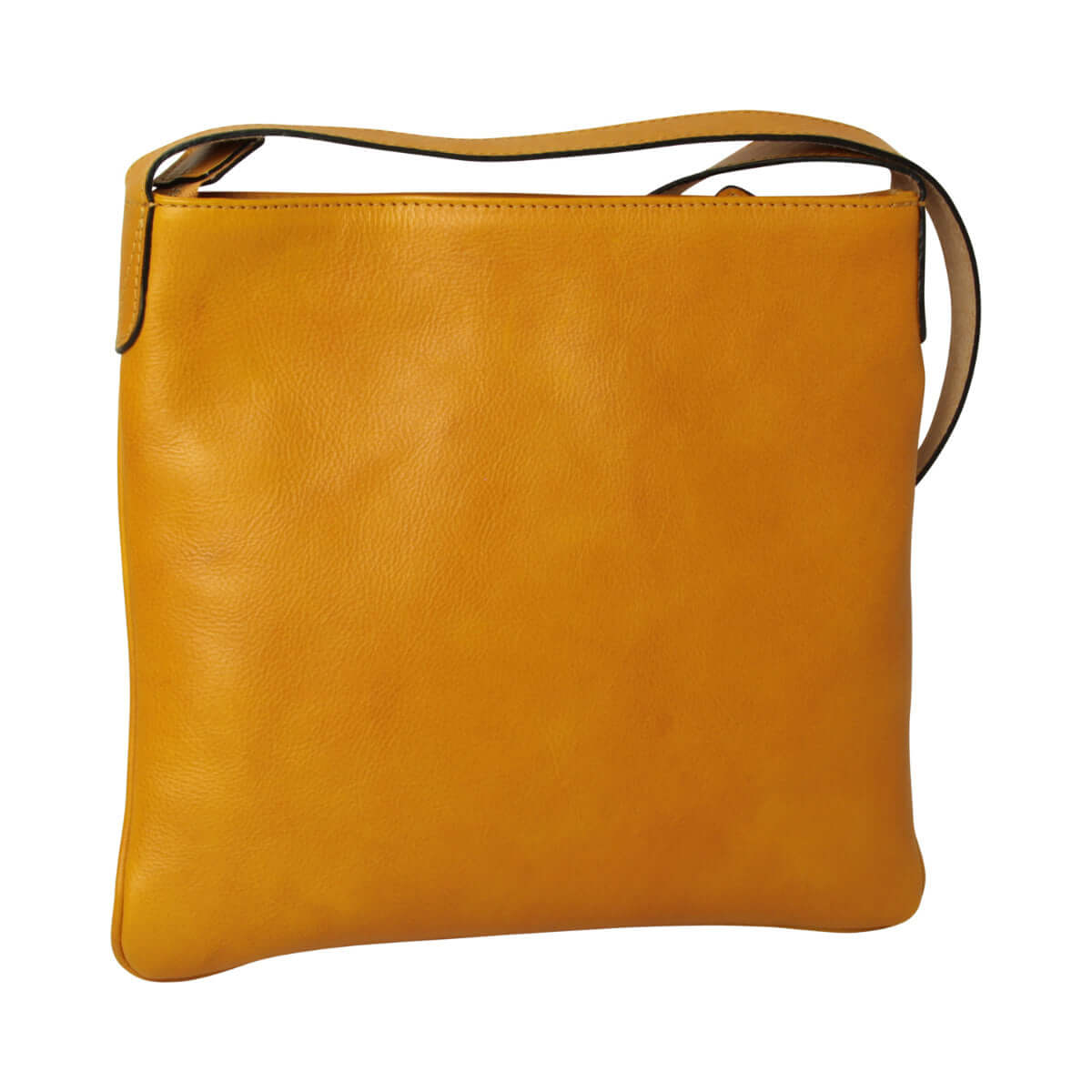 Borsa a tracolla giallo ocra in pelle di vitello pieno fiore con tracolla regolabile e chiusura a zip.