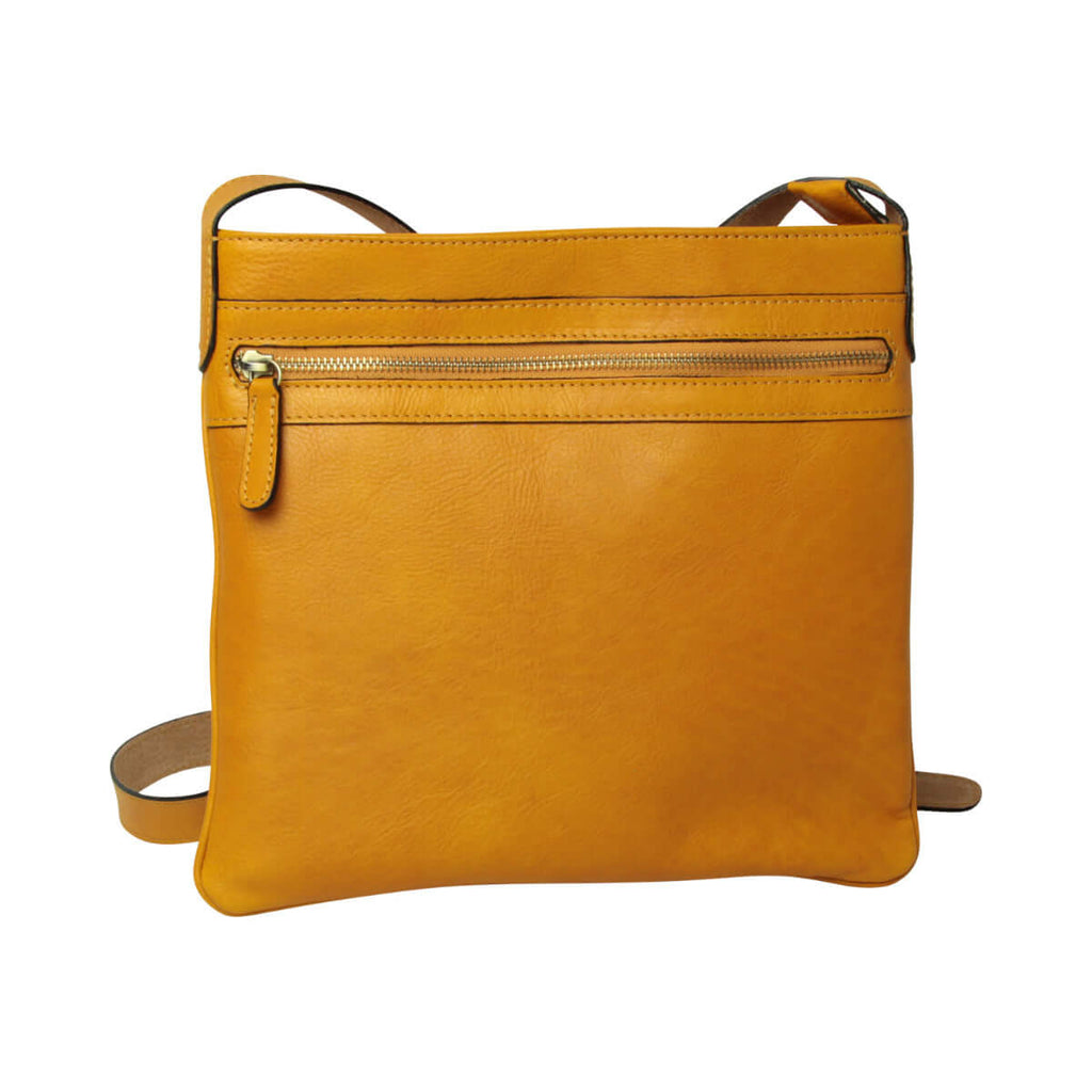 Borsa a tracolla giallo ocra in pelle con tasche esterne e tracolla regolabile