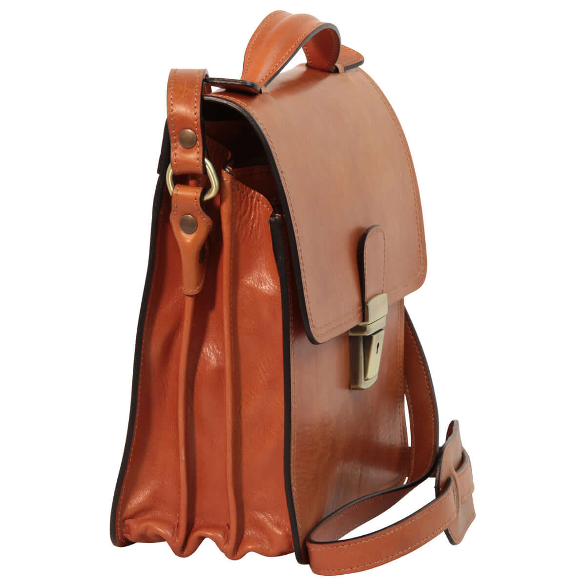 Borsa a tracolla in pelle marrone con tre scomparti e tracolla regolabile, ideale per viaggi e uso quotidiano.