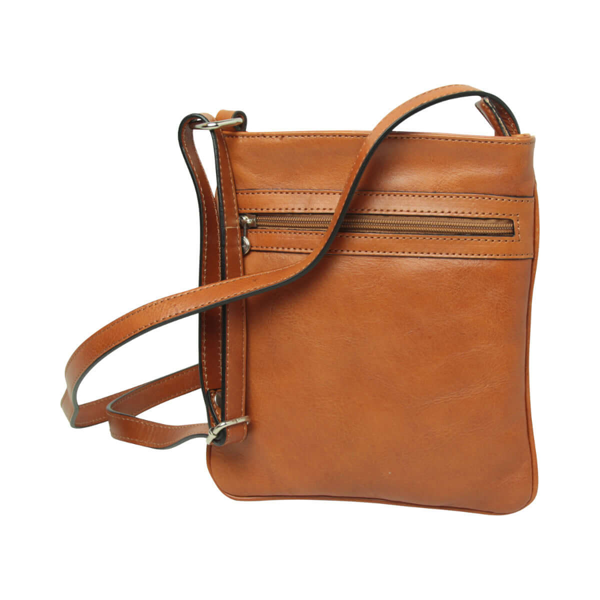 Borsa a tracolla in pelle coloniale con fodera in tessuto e tasche con zip.