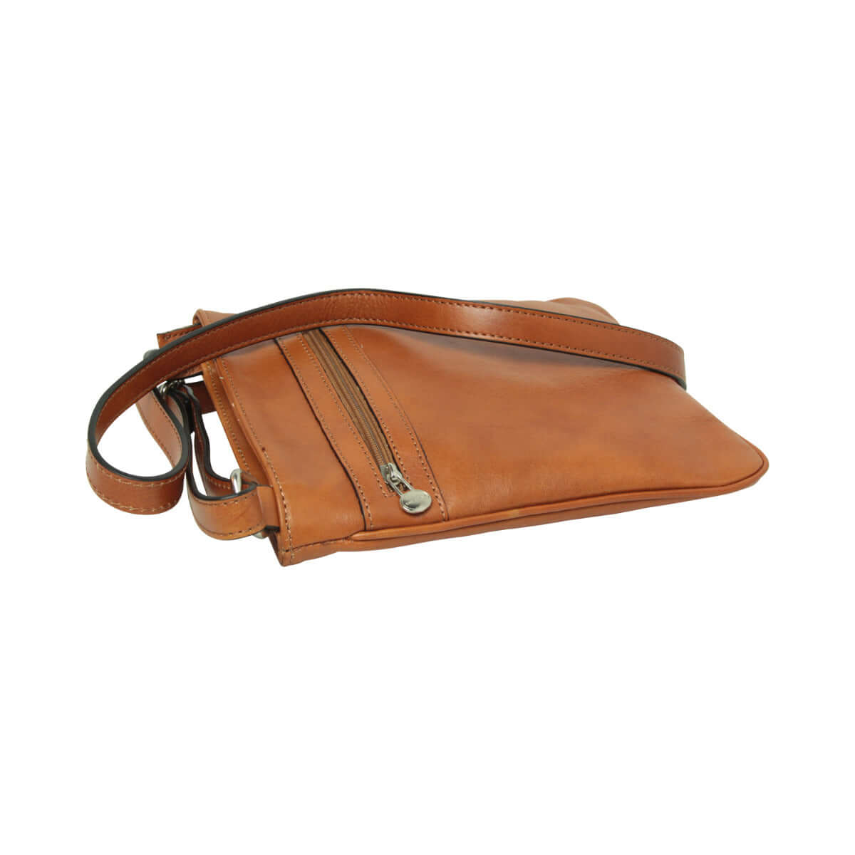 Borsa a tracolla in pelle coloniale con taschino esterno e tracolla regolabile.