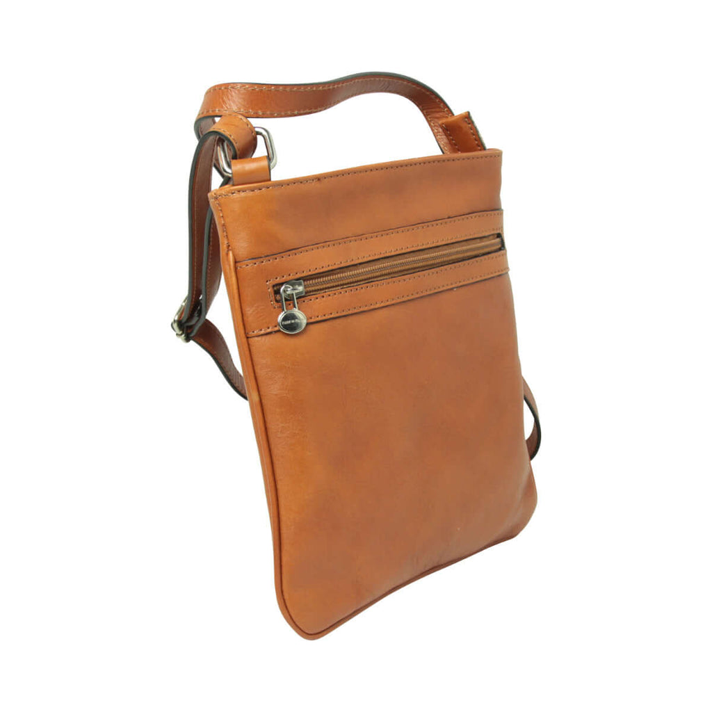 Borsa a tracolla in pelle coloniale con chiusura a zip e tracolla regolabile in pelle.
