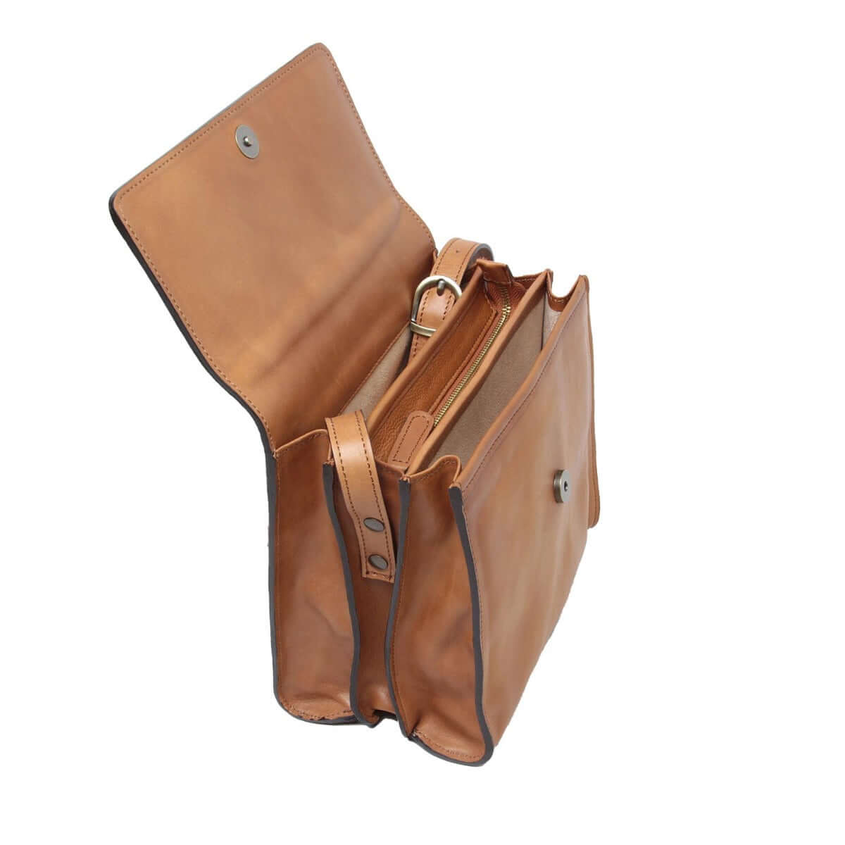 Borsa a tracolla pelle vitello, in 100% pelle di vitello pieno fiore, con 3 scomparti e tracolle removibili.