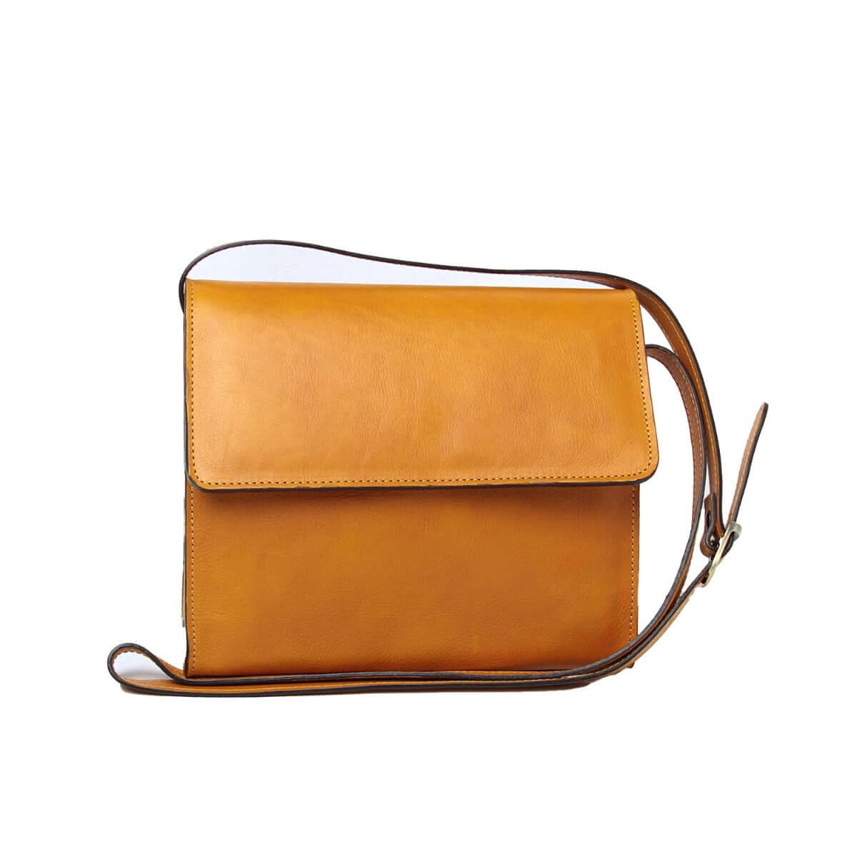 Borsa a tracolla pelle vitello in 100% pelle di vitello pieno fiore, colore ocra, con tracolla regolabile.