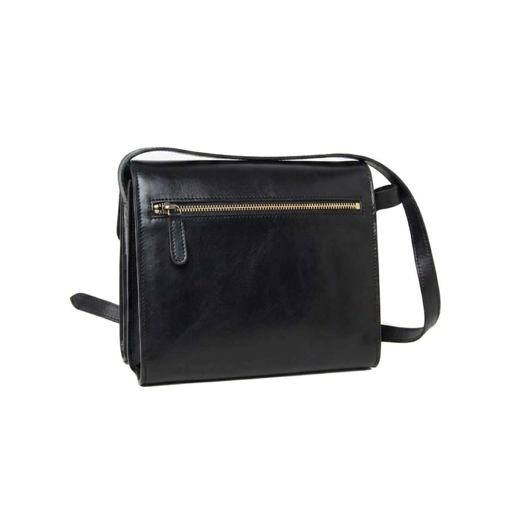 Borsa a tracolla in pelle di vitello, nera, con zip, 3 scomparti e tracolle removibili.
