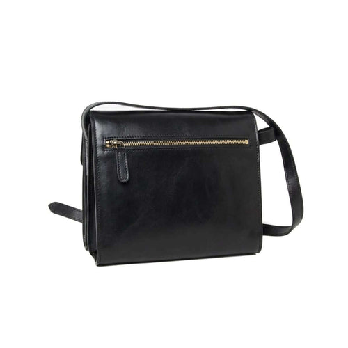Borsa a tracolla in pelle di vitello, nera, con zip, 3 scomparti e tracolle removibili.