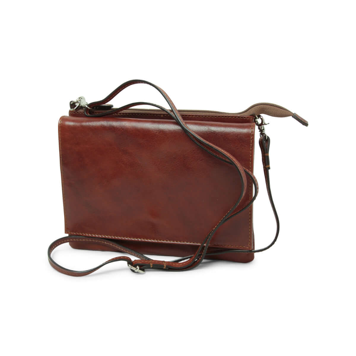Borsa a tracolla in pelle marrone, in vitello pieno fiore, con tracolla regolabile e removibile.