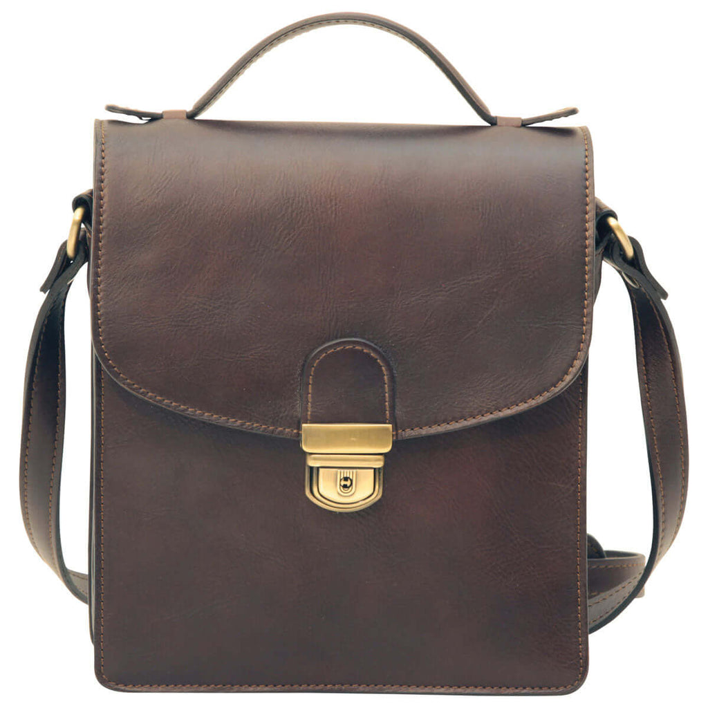 Borsa a tracolla in pelle marrone da uomo, design elegante con tracolla regolabile e chiusura con clip di sicurezza.