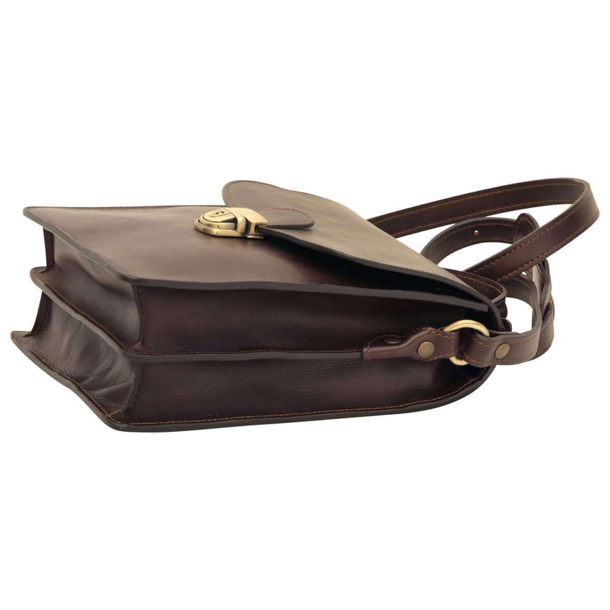 Borsa a tracolla in pelle marrone da uomo lato con chiusura in clip e tracolla regolabile.