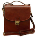 Borsa a tracolla in pelle marrone da uomo con chiusura a clip e tracolla regolabile.