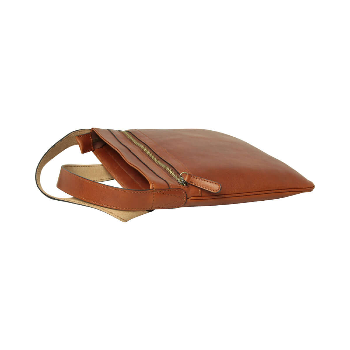Borsa a tracolla in pelle color teak con zip e tracolla regolabile