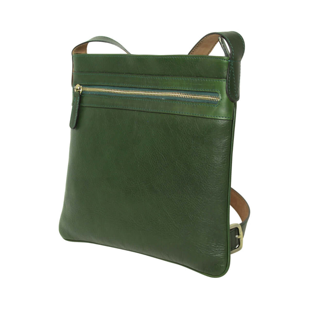 Borsa a tracolla verde in pelle con zip frontale e tracolla marrone