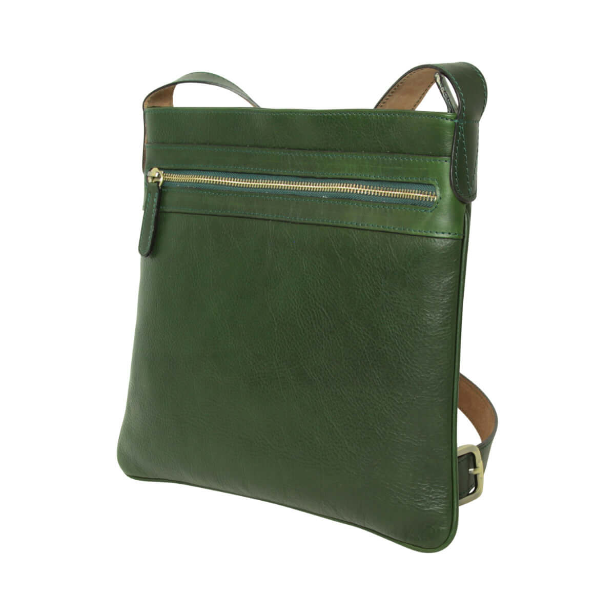 Borsa a tracolla verde in pelle con zip frontale e tracolla marrone