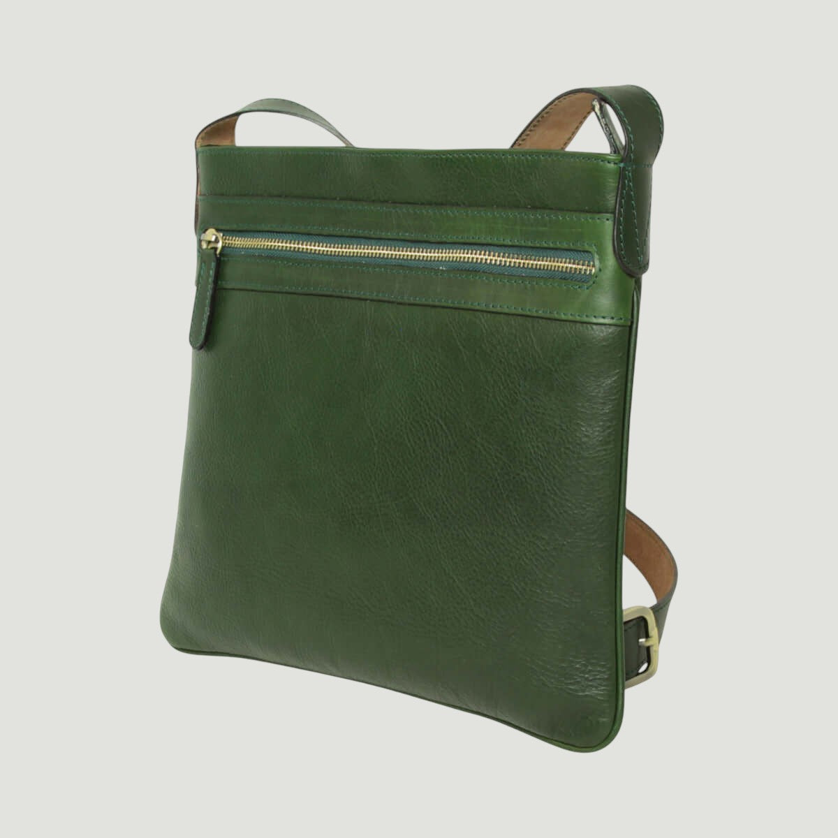 Borsa a tracolla in pelle verde grande con chiusura lampo frontale e tracolla in cuoio